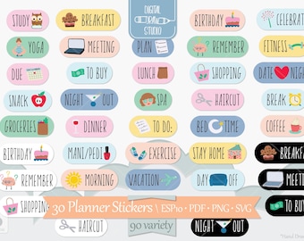 Pegatinas para planificador / Planificador digital DIY + Organizador imprimible / Pestaña de colores pastel con iconos / Color y blanco y negro / Png Svg Eps Pdf