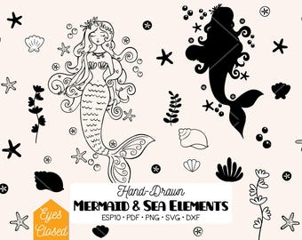 Mermaid Clip Art, Hand Drawn Sea Princess (Png, Svg, Eps, Pdf, Dxf) Eyes Closed