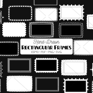 May include: A collection of hand-drawn rectangular frames in black and white. The frames have various border designs, including scalloped edges, dotted lines, and decorative swirls. The image includes the text "Hand-Drawn Rectangular Frames".