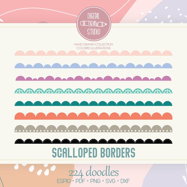 Scalloped Borders Hand drawn Graphic | Colored Lace Trim Border | Illustrator Brushes | Png Svg Eps Pdf Dxf