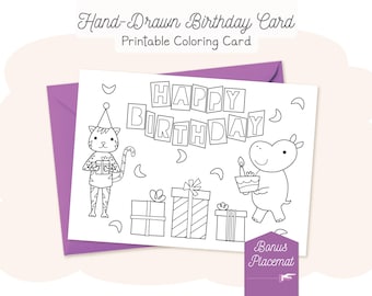Tarjeta de cumpleaños de Tigre e Hipopótamo / Tarjeta para colorear y mantel individual para niños / Descarga instantánea en PDF