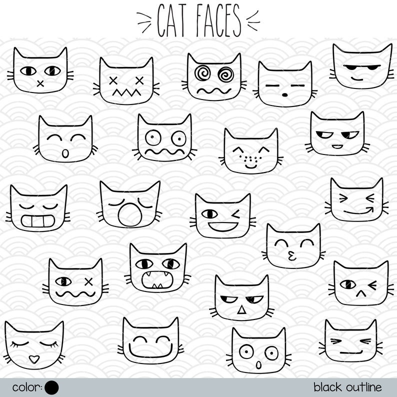Cat Faces Clip art Hand Drawn Kittens Emoji Drawing | Etsy