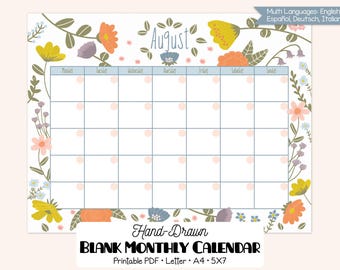 Monthly Calendar Floral, 12 months blank template, Digital Agenda (Printable Pdf)
