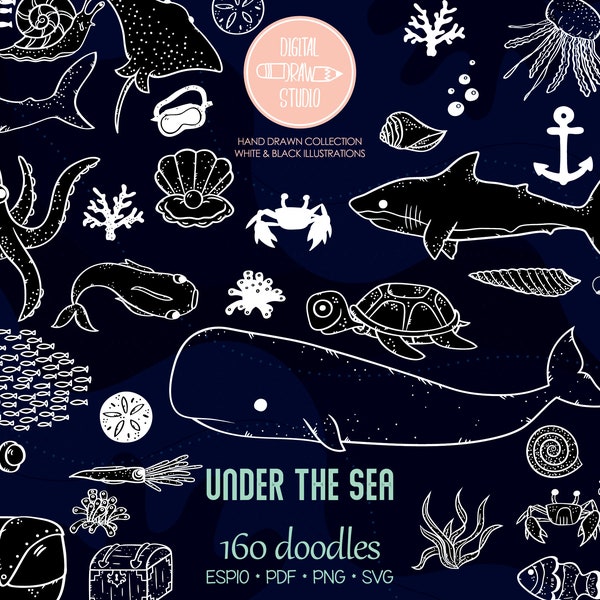 Under the Sea | White Lines | Hand Drawn Fish & Ocean Life Clipart | Octopus + Shell Outline Drawing | Png Eps Pdf Svg