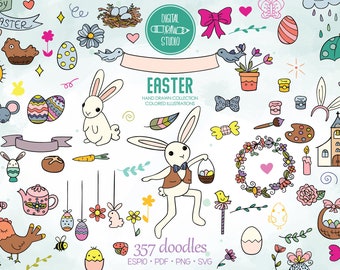 Easter Colored Doodles | Hand Drawn Decorated Eggs + Bunny Clip Art | Flowers + Sheep Outline Drawing | Png Svg Eps Pdf