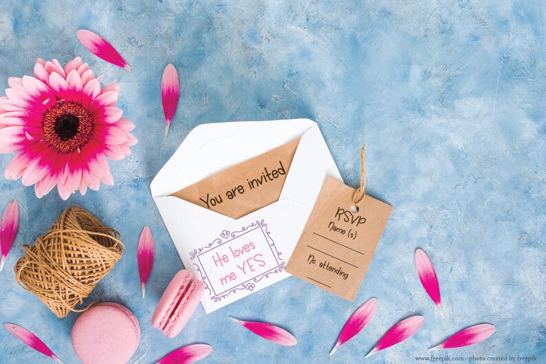 May include: An invitation scene with a pink gerbera daisy, pink petals, and macarons on a blue background. A white envelope contains a card that reads "You are invited." A brown tag reads "RSVP". A ball of twine is also present.