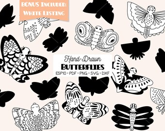 Hand-Drawn Butterfly Clipart | Embellished Moth Doodles (Png, Svg, Eps, Pdf, Dxf)