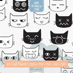 Cat Faces Hand Drawn Graphic | Kitten Emoji Outline Drawing | Emotions Clip Art | Png Eps Pdf Svg Dxf