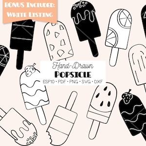 Puede incluir: Una colección de ilustraciones de polos dibujadas a mano en blanco y negro con varios patrones. La imagen incluye el texto: BONUS INCLUDED: WHITE LISTING y Hand-Drawn POPSICLE ESP10 PDF PNG SVG DXF.