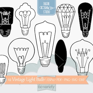 Żarówka Vintage | Ręcznie rysowane oświetlenie Edison Clip Art | Rysunek konturowy elektryczności | Png Eps Pdf Svg Dxf