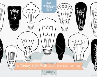 Vintage Light Bulb | Hand Drawn Edison Lighting Clip Art | Electricity Outline Drawing | Png Eps Pdf Svg Dxf