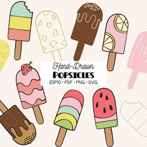 Puede incluir: Una colección de ilustraciones de polos dibujadas a mano en varios colores y patrones, incluyendo diseños de chocolate, frutas y rayas. El centro presenta el texto Hand-Drawn POPSICLES ESP10 PDF PNG SVG sobre un fondo rectangular blanco.