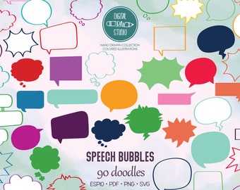 Speech Bubbles Hand Drawn Graphic | Colorful Comic Book Thinking Cloud Outline Drawing | Exploding Bubble Clip Art | Png Svg Esp Pdf Dxf