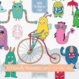 Monstruos amigables dibujados a mano / Dibujo de contorno de personajes divertidos y coloridos / Imágenes prediseñadas de criaturas lindas / Png, SVG, EPS y PDF