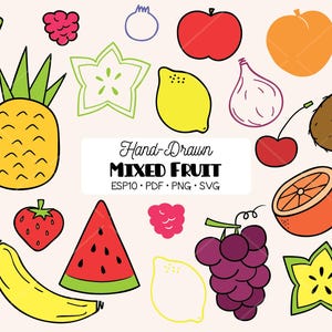 Hand Drawn Fruits Clip Art | Pineapple, Banana, Melon, Apple, Lemon (PNG, SVG)