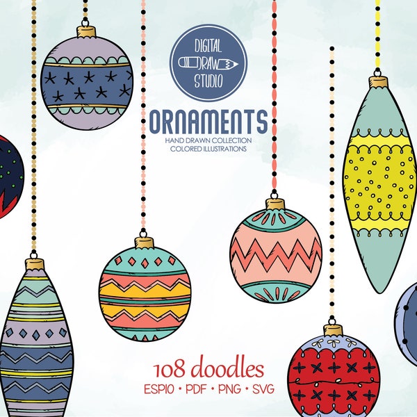 Hand Drawn Retro Ornaments Colored Clip Art | Christmas Tree Balls Outline Drawing | Decorative Holiday Elements | Png Eps Pdf Svg