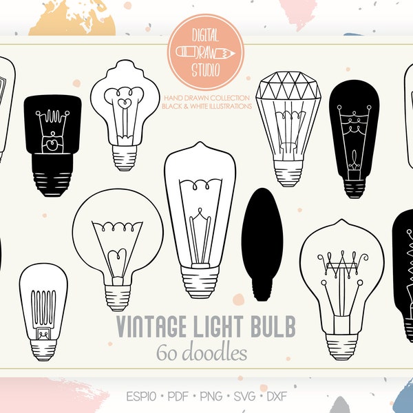 Vintage Light Bulb | Hand Drawn Edison Lighting Clip Art | Electricity Outline Drawing | Png Eps Pdf Svg Dxf