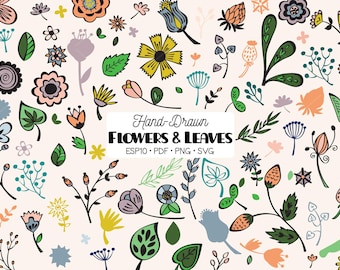 Colored Hand-Drawn Flowers Clipart | Leaves, Meadow Floral (Png, Svg, Pdf, Eps)