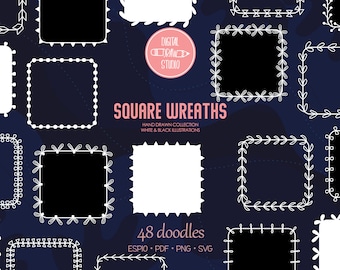 16 Square Wreaths | Hand Drawn White Frames | Floral Borders Clip Art | Png Svg Eps Pdf