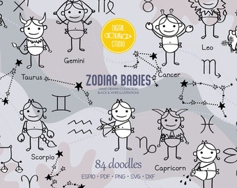 Zodiac Baby | Hand Drawn Constellations Clip Art | Boys & Girls Astrology Signs Outline Drawing | Png Svg Eps Pdf Dxf