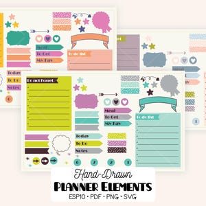 May include: A collection of digital planner elements featuring hand-drawn designs including checklists, banners, speech bubbles, stars, and patterned washi tape strips in various colours. The text includes Do not forget, Meal, To Get, My Day, Today, To Do, Notes, and Hand-Drawn PLANNER ELEMENTS.