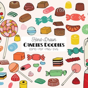 Puede incluir: Ilustración de caramelos dibujados a mano, incluyendo chocolates, piruletas y caramelos envueltos. También se muestra una máquina de chicles y algodón de azúcar. Se incluye el texto "Hand-Drawn CANDIES DOODLES".