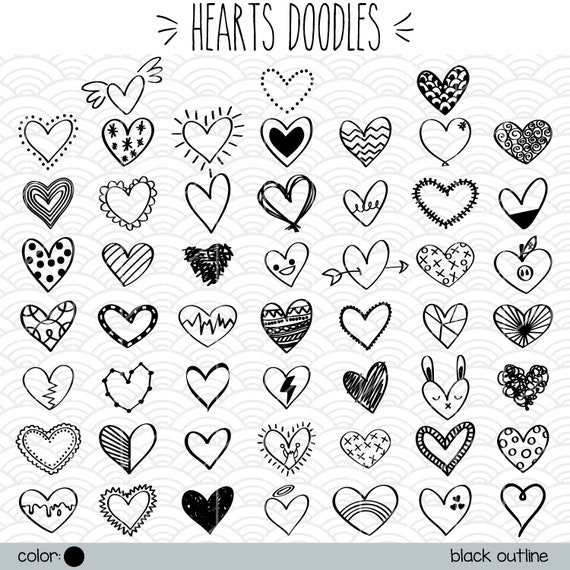 52 Hearts Outline Clip Art Hand Drawn Romance Vector Doodles Etsy