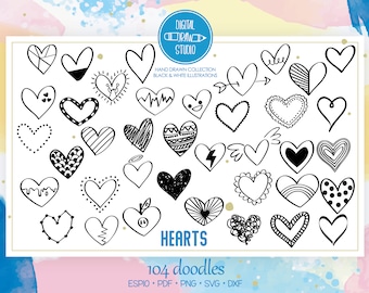 Hearts Outline Drawing | Hand Drawn Valentine Doodles | Scribble Heart Clip Art | Png Eps Pdf Svg Dxf