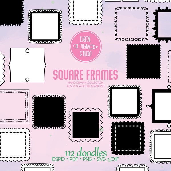 Square Frames | Hand Drawn Border + Decorative Labels Outline Drawing | Floral Wreaths Silhouette Clip art | Png Svg Eps Pdf Dxf