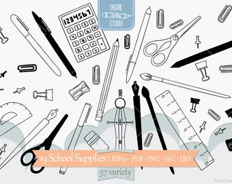 School Supplies Doodles | Hand Drawn Stationary Clip art | Office Outline Drawing | Png Svg Eps Pdf Dxf