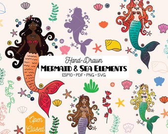 Mermaid Colored Clip Art, Hand Drawn Sea Princess (Png, Svg, Eps, Pdf) Eyes Opened
