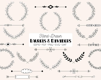 Imágenes prediseñadas de laureles y separadores dibujados a mano / Borde decorativo, corona, floral / PNG SVG EPS PDF DXF