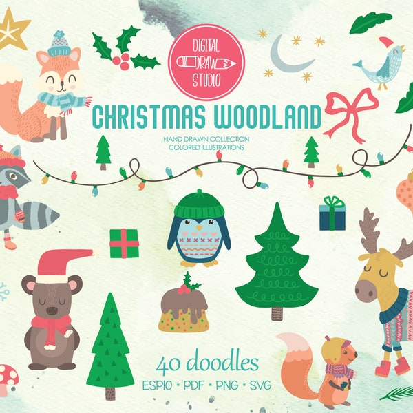 Christmas Woodland Animals Colored | Hand Drawn Ornaments | Bear Clip art | Winter Hats, Sweater Moose | Png Eps Pdf Svg