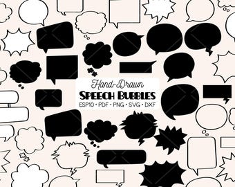Gráfico de burbujas de diálogo dibujado a mano / Dibujo de contorno de nube pensante de cómic / Clip art de burbuja explosiva / Png Svg Esp Pdf Dxf