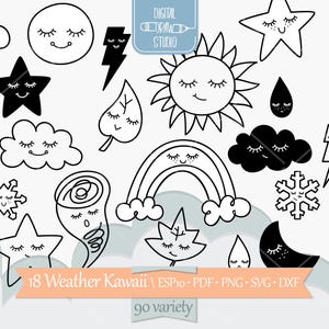Weather Kawaii | Hand Drawn Star, Moon and Sun Clip Art | Cute Clouds Outline Drawing | Png Svg Eps Pdf Dxf