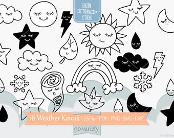Clima Kawaii / Clip Art de Estrella, Luna y Sol Dibujados a Mano / Lindo Dibujo de Contorno de Nubes / Png Svg Eps Pdf Dxf