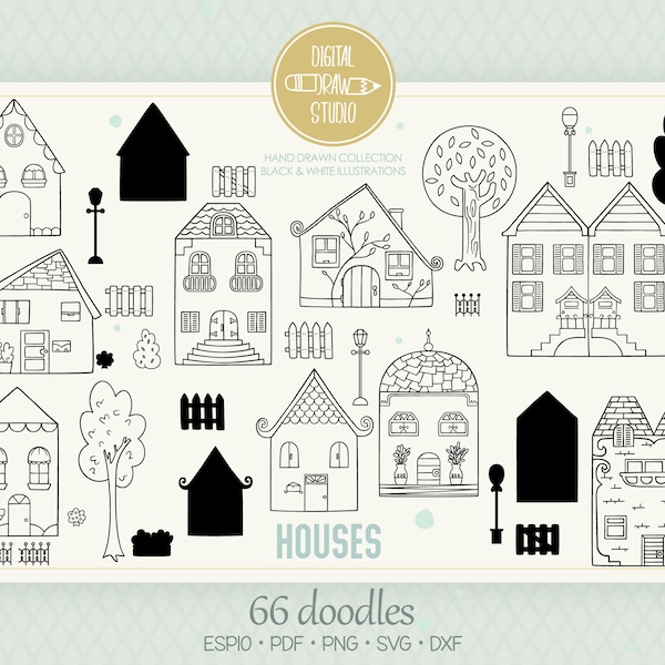 House Clip Art | Hand Drawn Cottage, Trees, Plants, Light Pole & Fences | Png Svg Eps Pdf Dxf