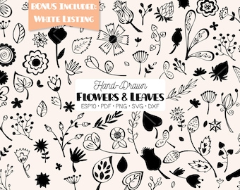 Hand-Drawn Flowers Clipart | Leaves, Meadow Floral (Png, Svg, Pdf, Eps, Dxf)