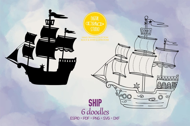 Sail Boat Hand Drawn Pirate Ship Clip Art Old Ship White Outline Drawing Png Svg Eps Pdf Dxf image 1