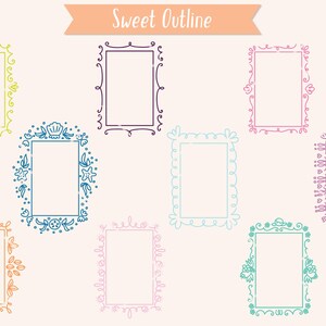 May include: A collection of hand-drawn rectangular frames in various colors, including yellow, purple, pink, and blue. Each frame has a unique decorative design, such as floral or seashell motifs. The text "Sweet Outline" is at the top.