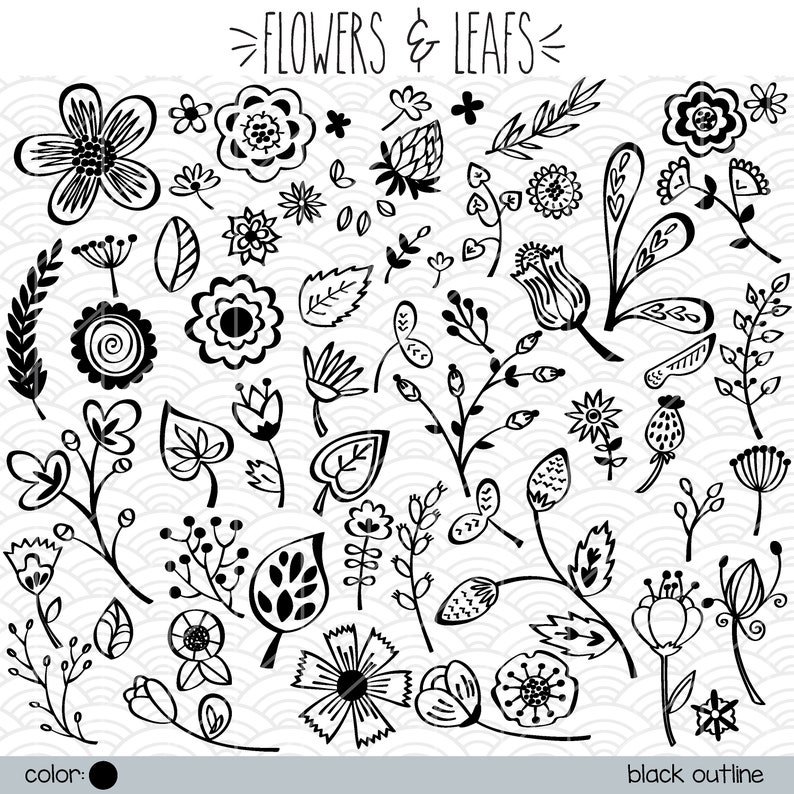 122 Flowers & Leafs Clip art Hand Drawn Wild Flower Outline | Etsy