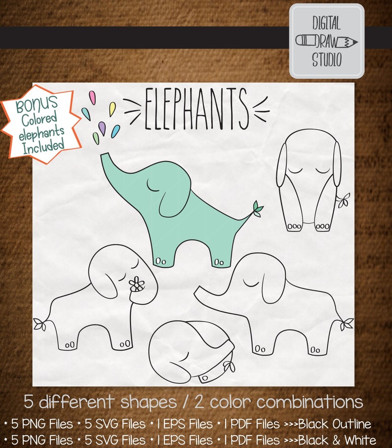 Download Clip Art Jungle Animal Outline Drawing Bundle Png Svg Eps Pdf Hand Drawn Elephants Clip Art Baby Elephant Vector Graphics Illustration Art Collectibles