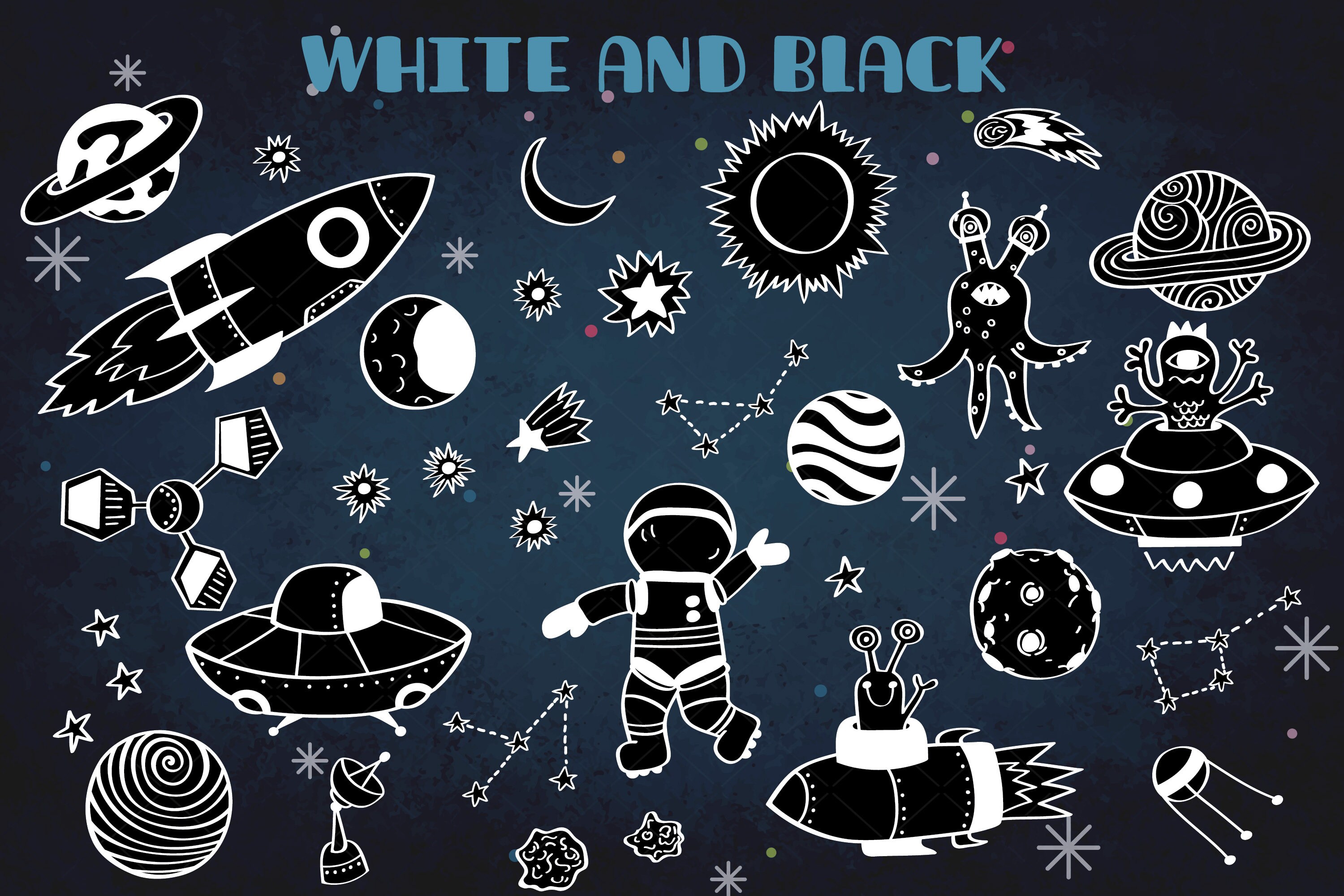Outer Space Hand Drawn Graphics White Outline Planets | Etsy UK