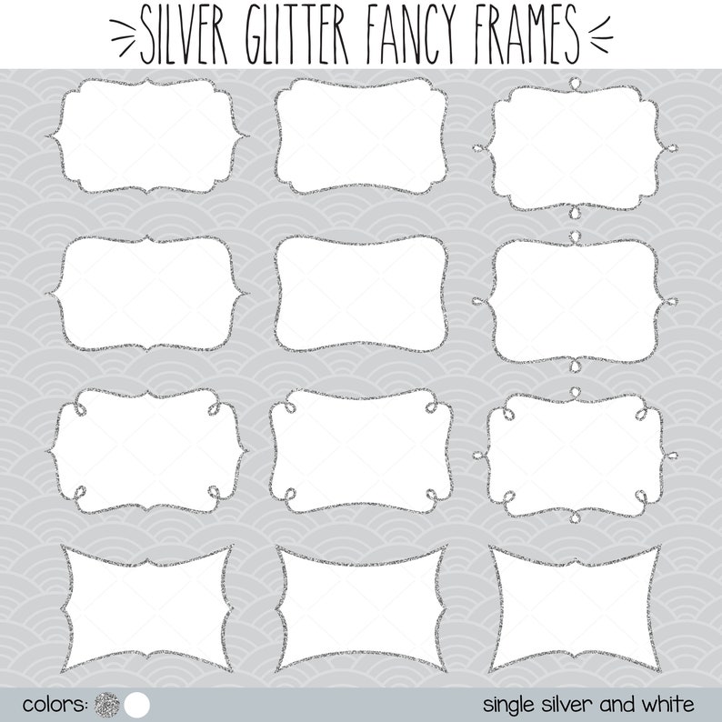 Retro Labels /& Fancy Decal Bundle Silver Glitter Rectangle Frames Clip art Printable Png Hand Drawn Border Outline Stickers