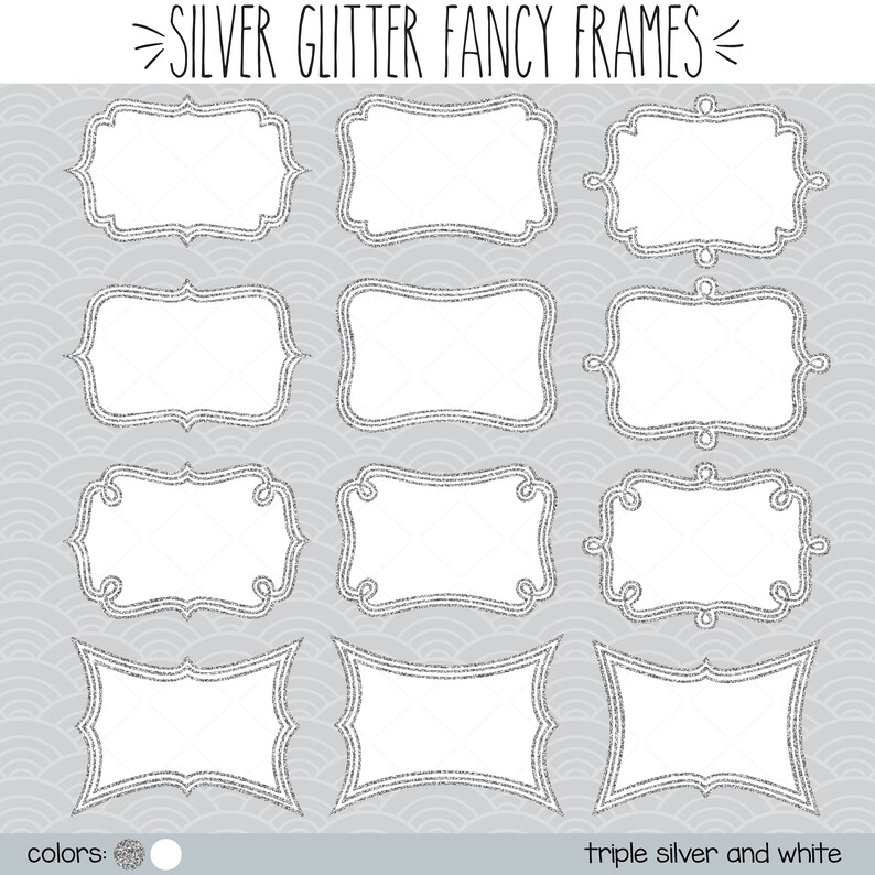Retro Labels /& Fancy Decal Bundle Silver Glitter Rectangle Frames Clip art Printable Png Hand Drawn Border Outline Stickers
