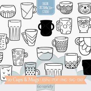 Kubek do kawy rysowany ręcznie | Ozdobny zarys filiżanki do herbaty | Szklana miska Clip Art | Png Svg Eps Pdf Dxf