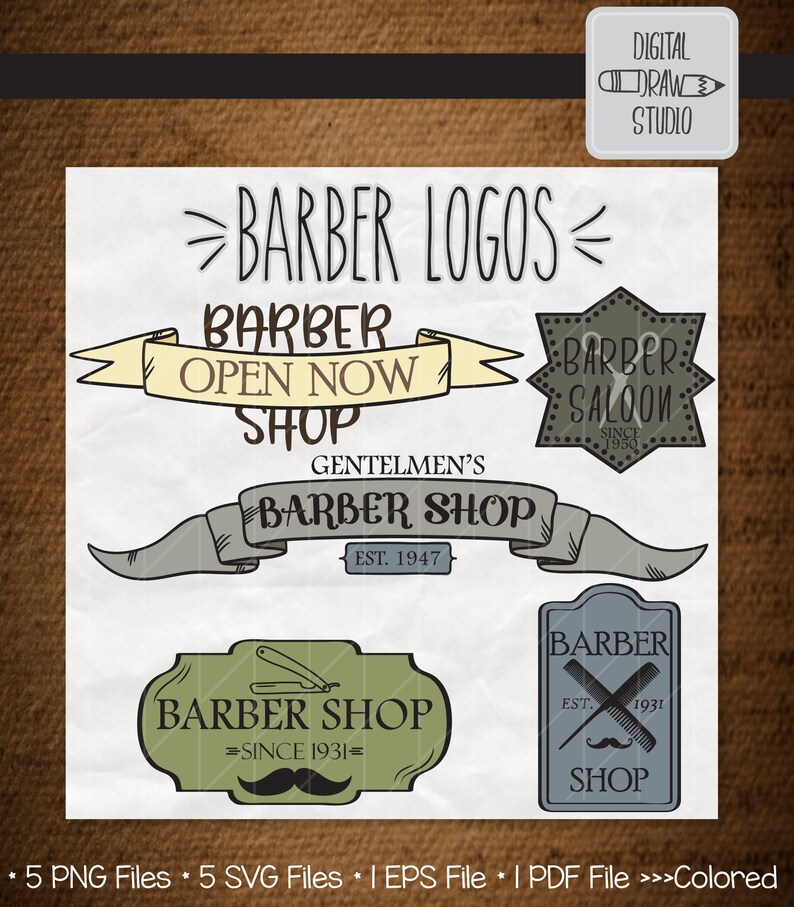 5 Colored Barber Logos Clip Art Bundle Hand Drawn Retro Etsy