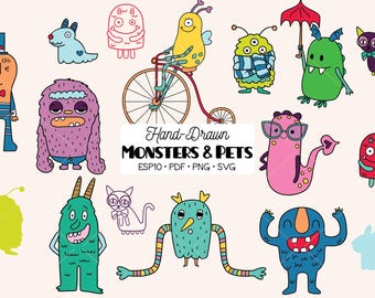 Colored Hand-Drawn Friendly Monsters Clipart | Creatures Pets | Png Svg Eps Pdf