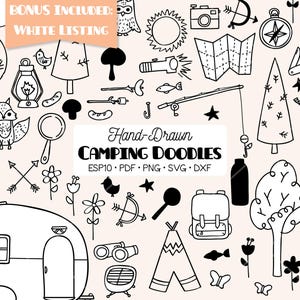 Imágenes prediseñadas de camping / Camper dibujado a mano, pesca, actividades al aire libre, naturaleza (PNG, EPS, PDF, SVG, DXF)