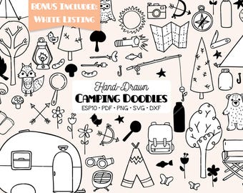 Imágenes prediseñadas de camping / Camper dibujado a mano, pesca, actividades al aire libre, naturaleza (PNG, EPS, PDF, SVG, DXF)